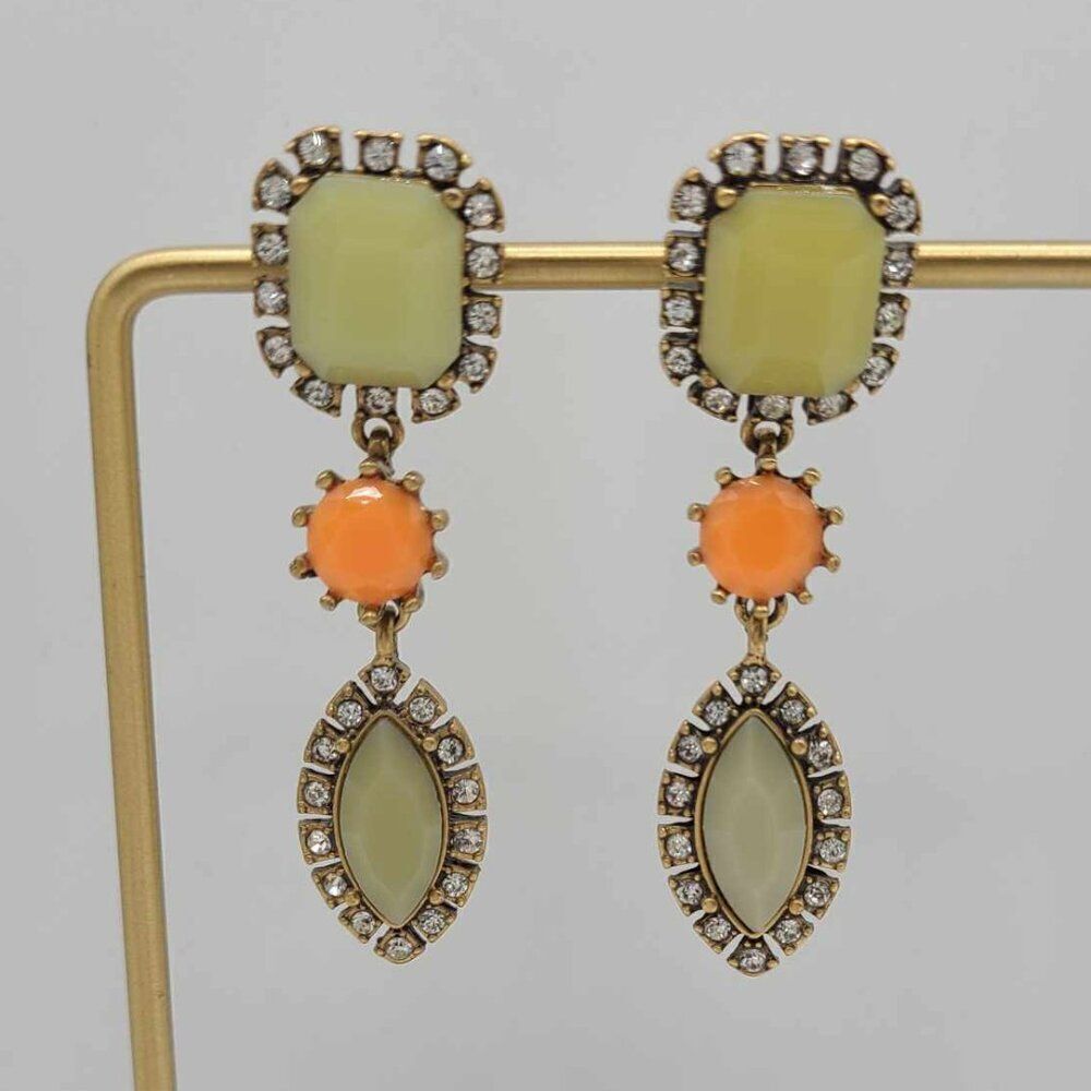 J Crew Green Orange Resin Stone and Clear Crystal Drop Earrings